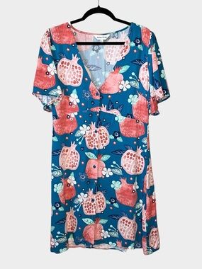 ANTHROPOLOGIE PEPALOVES Blue Novelty Pomegranate Print V-Neck Dress Size Large